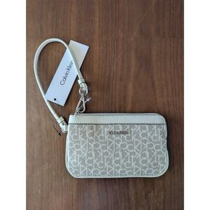 Calvin Klein Monogram Wristlet Khaki White Zip Pouch New Minimalist Quiet Luxury